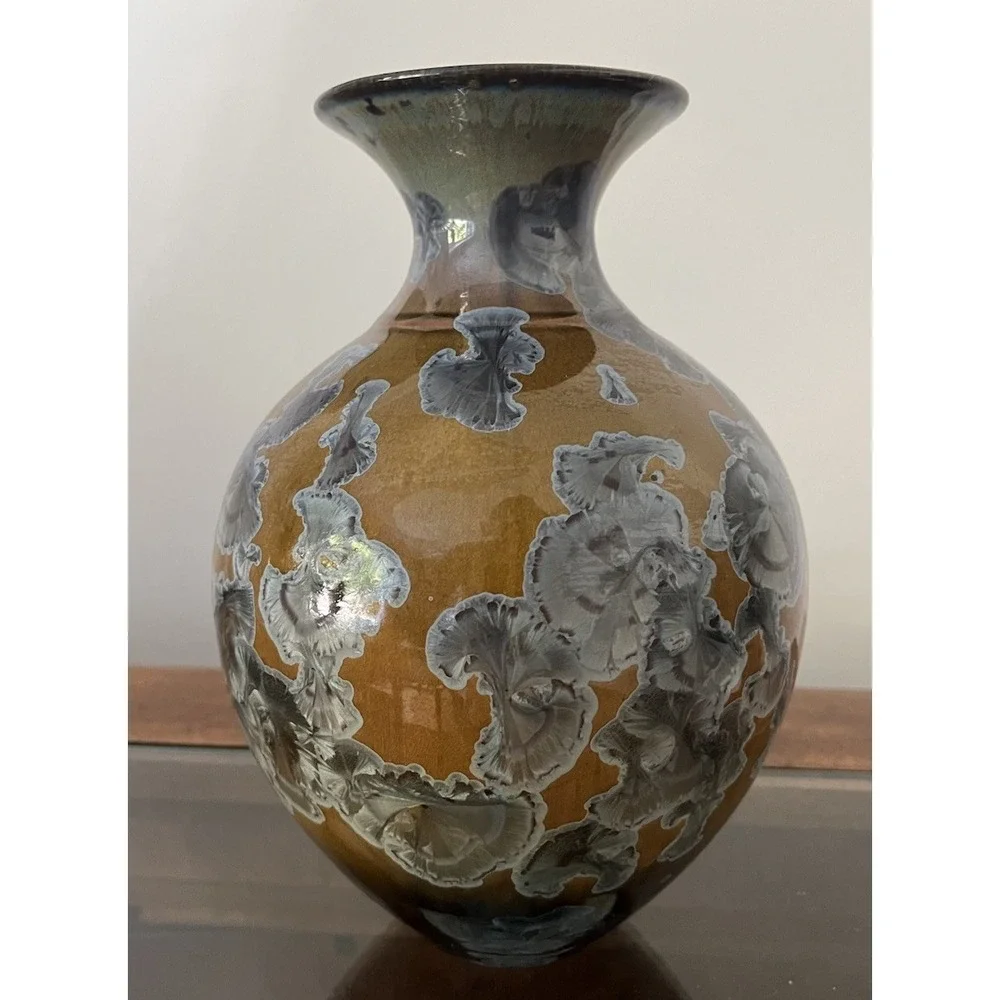 Bill Campbell Flambeaux Crystalline Vase Blue Gray Gold Brown Art Pottery 10
